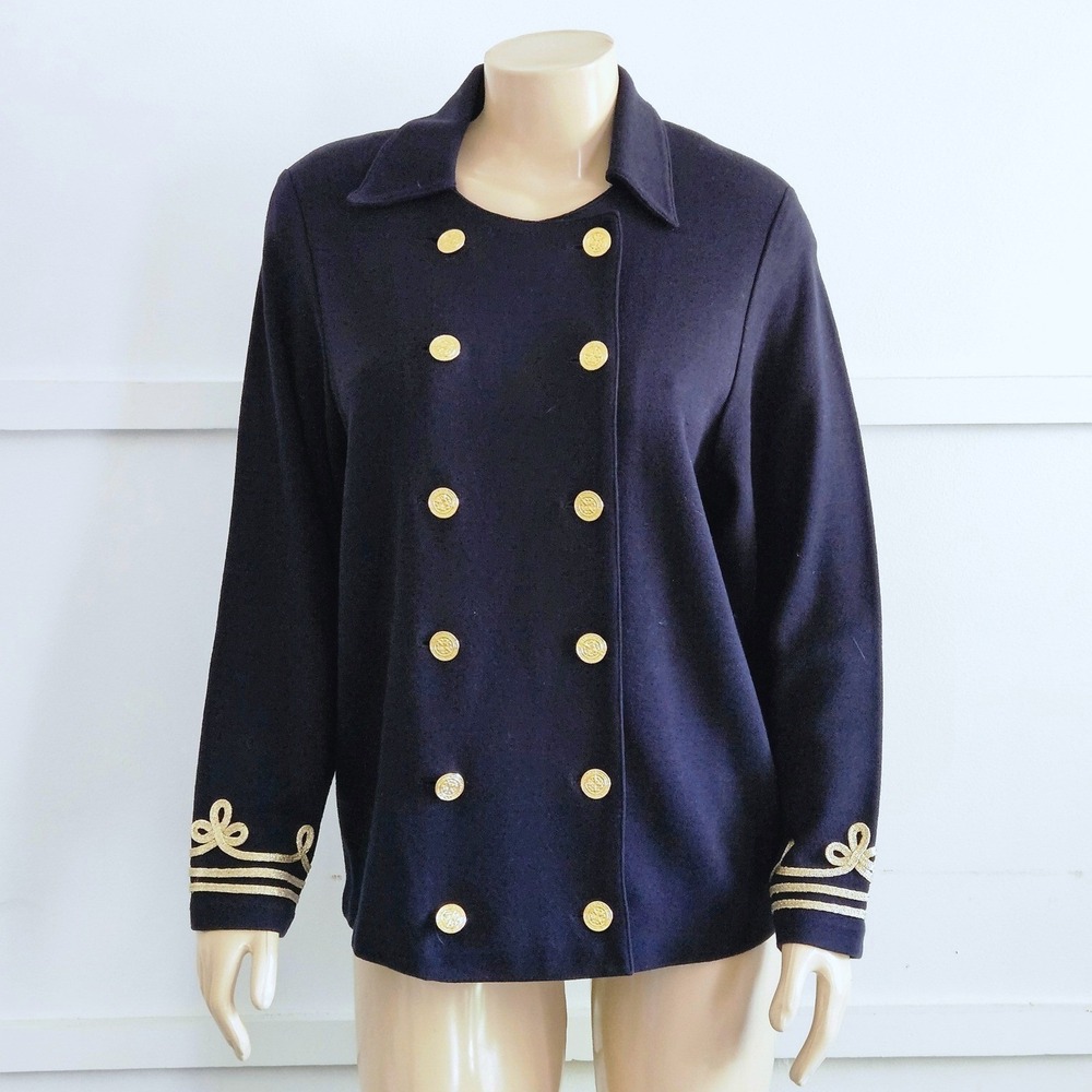 August Max Woman Navy Blue Nautical Knit Jacket Gold Crest Buttons Size X NWT